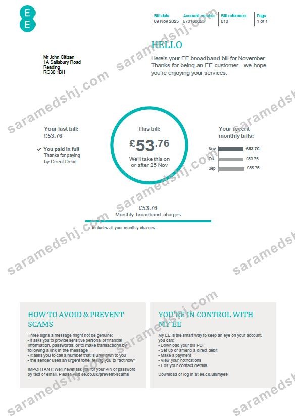 United Kingdom EE utility bill template in Word and PDF formats, version 2